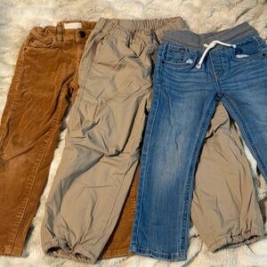 Boys Pants Set 4/5 - Camel Corduroy, Khaki Fleece-line, and Blue Pull-up jeans